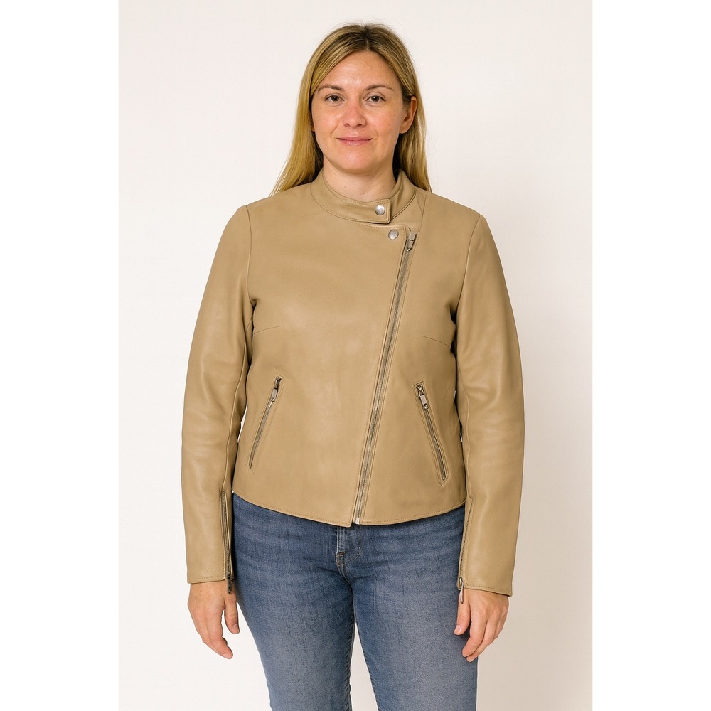 Mossy Leather Moto Jacket Tan Beige - Women - Size 4